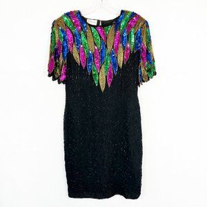Vintage Stenay Black Rainbow Sequins Cocktail Party Silk Dress - Size 8